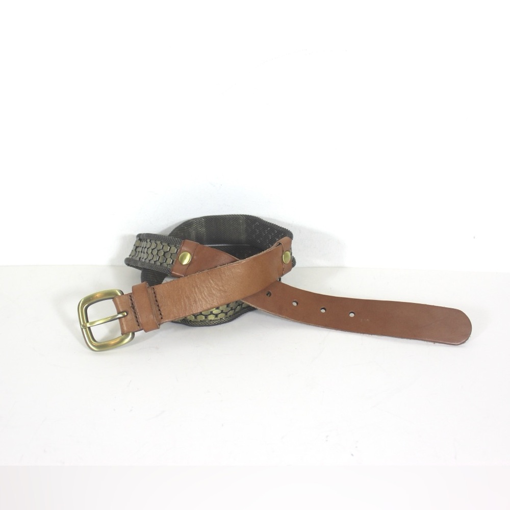 Leather and Metal Mesh Belt Tan and Silver M Medium